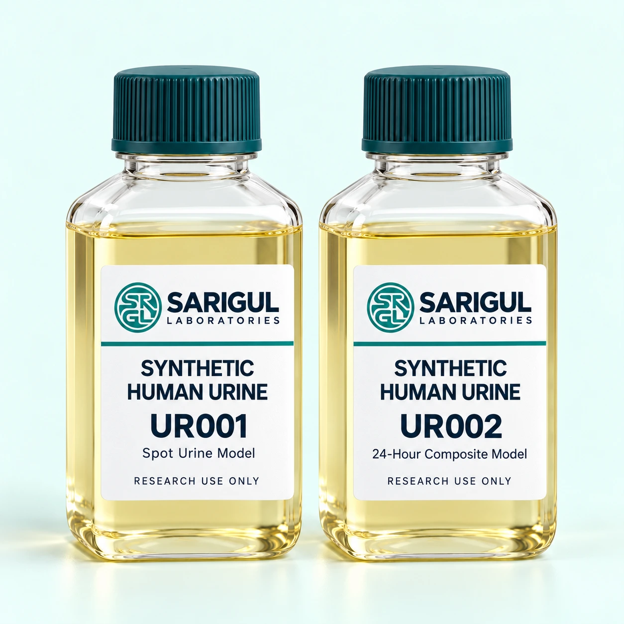 Two Sarigul Laboratories synthetic human urine bottles: UR001 Spot Urine Model and UR002 24-Hour Composite Model